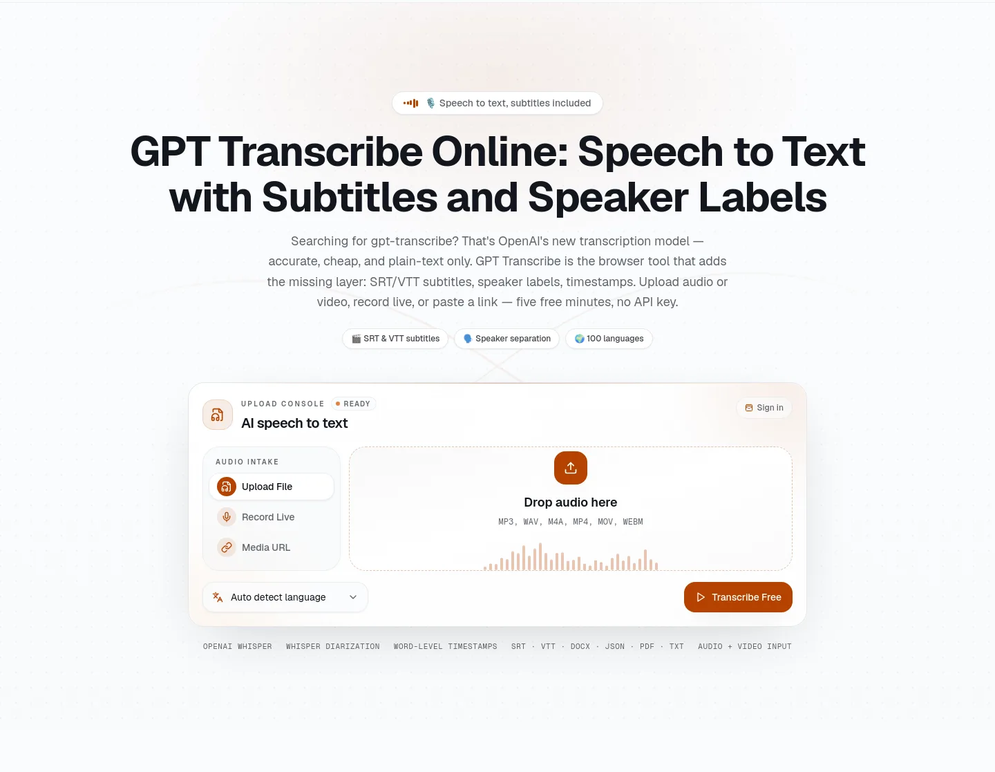 gpt-transcribe.org Hero section