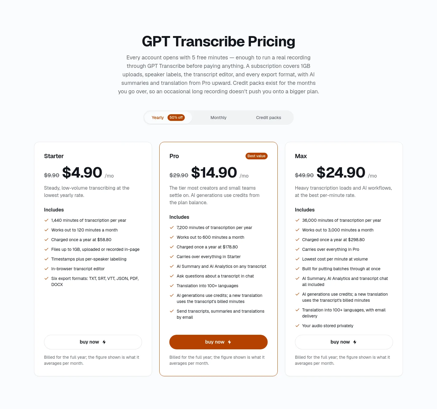 gpt-transcribe.org Pricing section