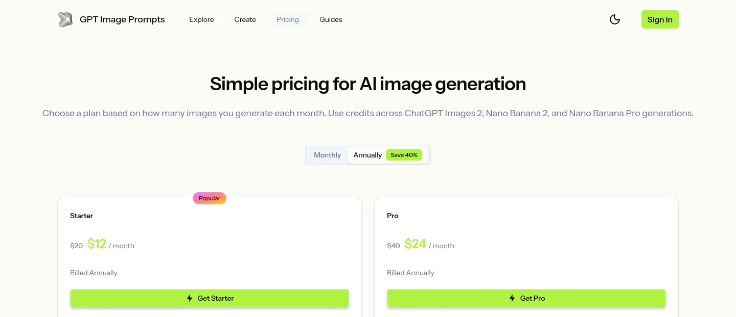 gptimageprompts.com Pricing section