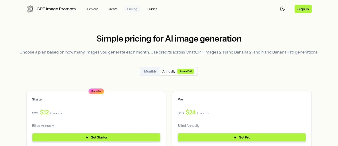 gptimageprompts.com — a real Pricing section