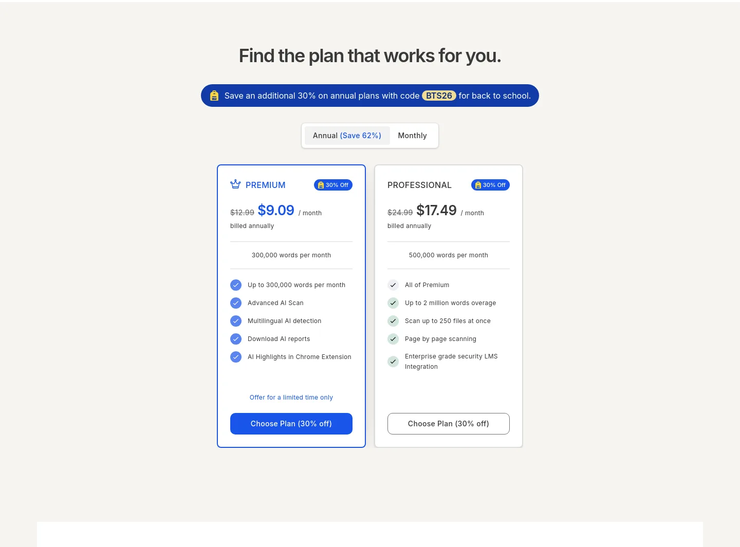 gptzero.me Pricing section