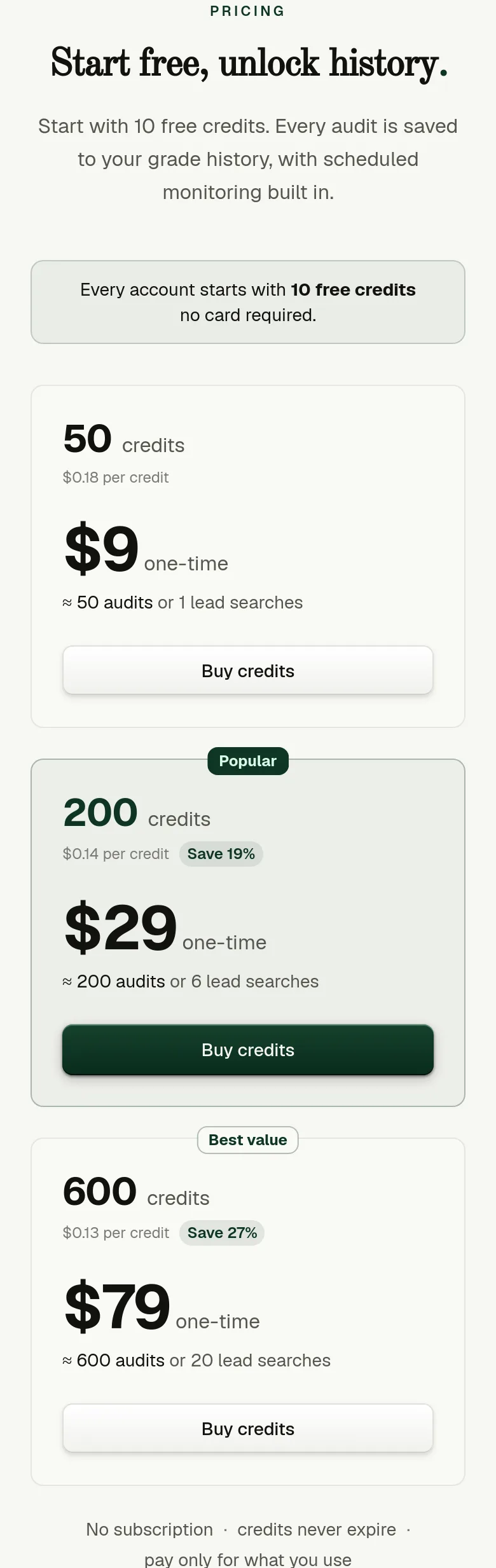 grademypage.com Pricing section