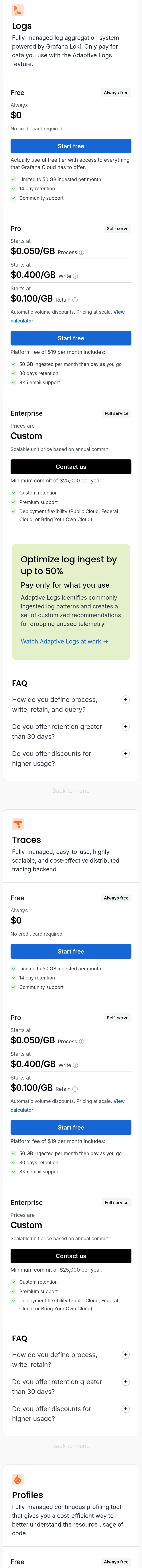 grafana.com Pricing section