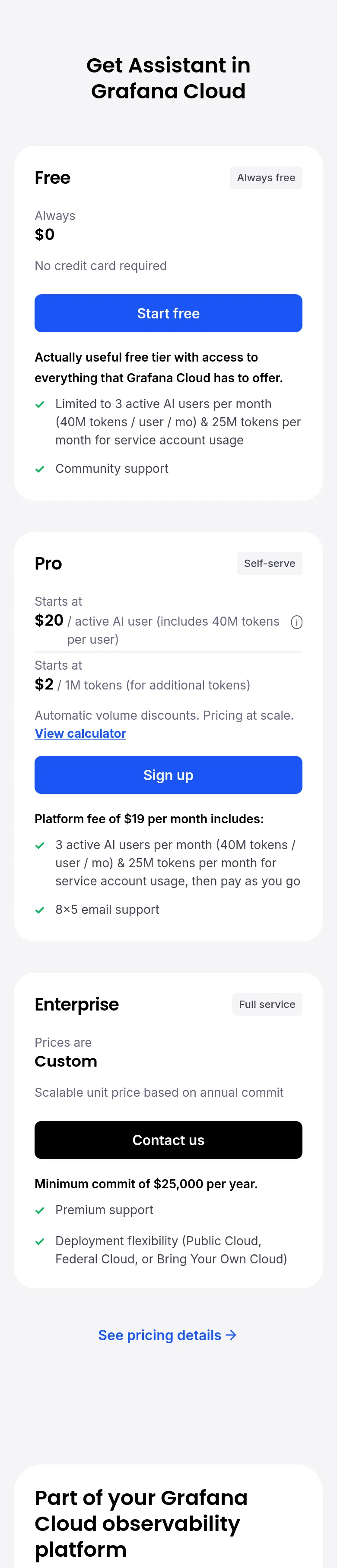 grafana.com Pricing section