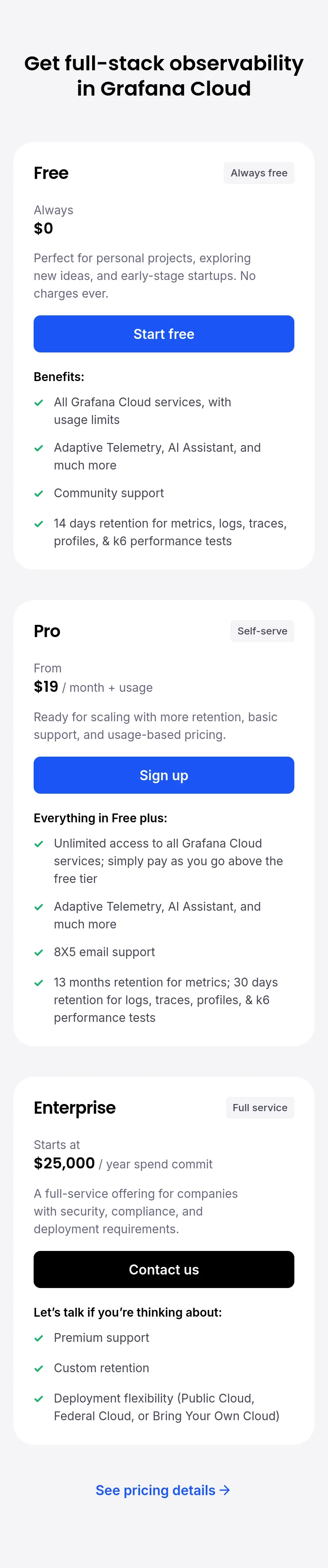 grafana.com Pricing section
