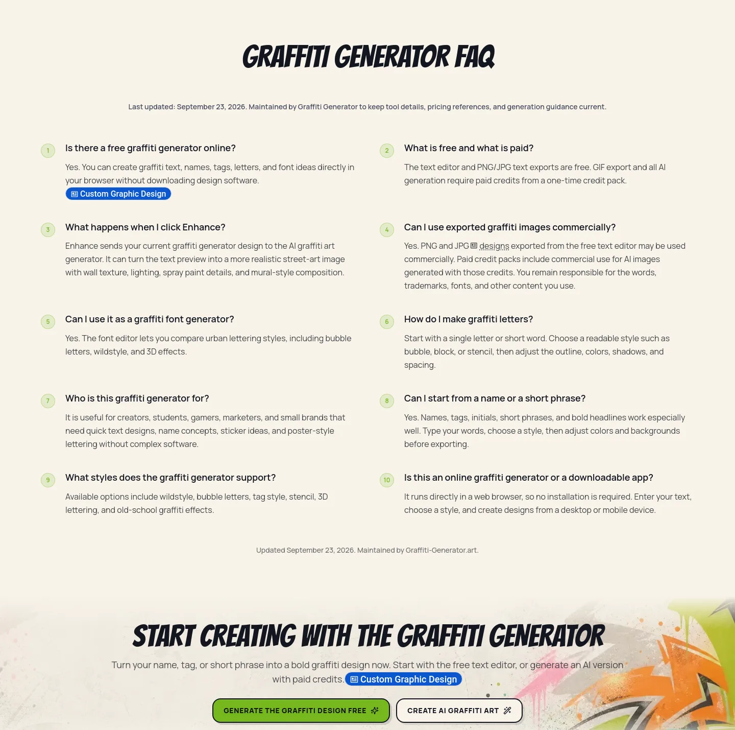graffiti-generator.art — a real FAQ section