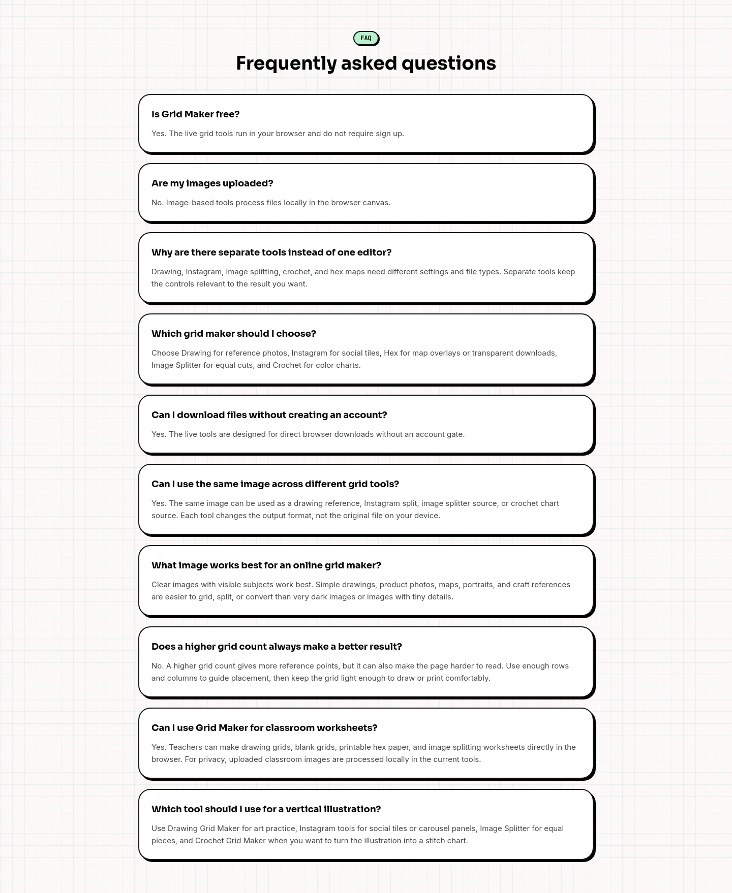 gridmakeronline.com — a real FAQ section