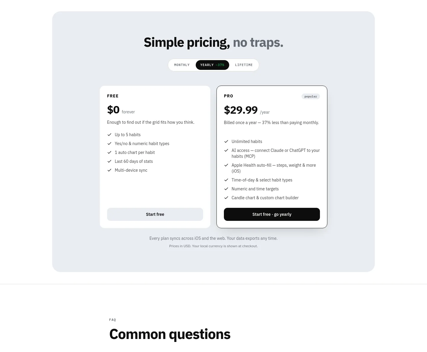 habitpocket.io Pricing section