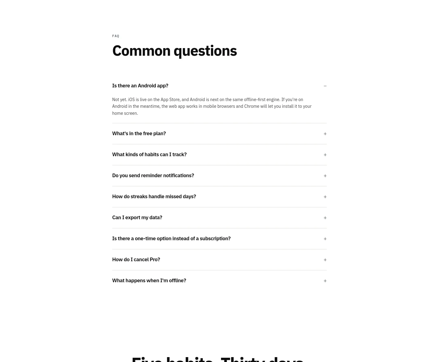 habitpocket.io — a real FAQ section