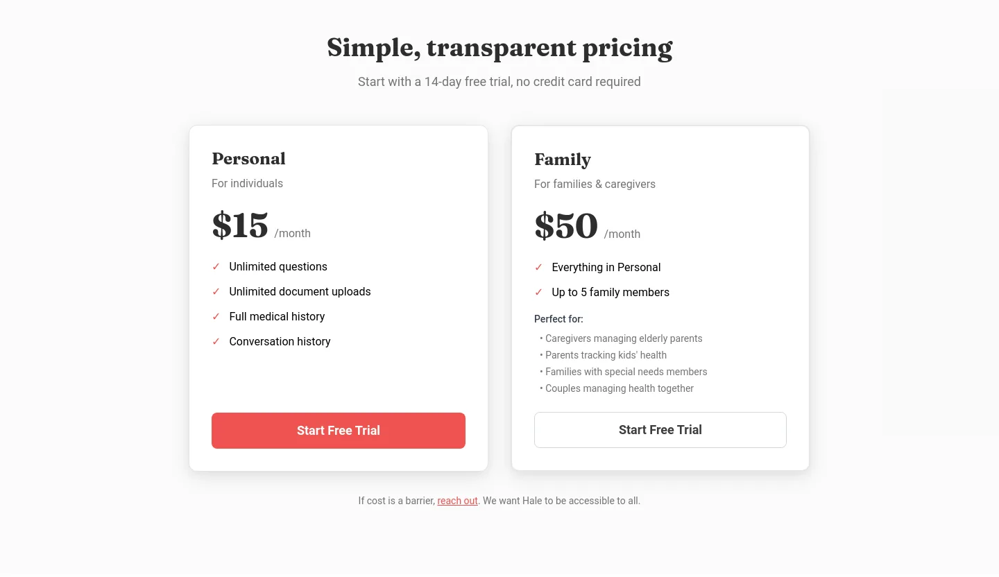 hale.med Pricing section