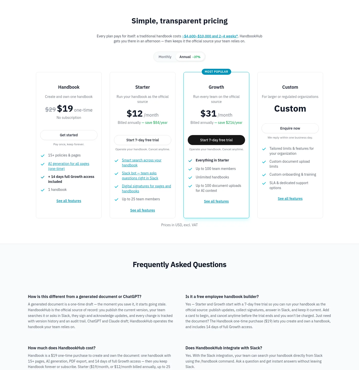 handbookhub.com Pricing section
