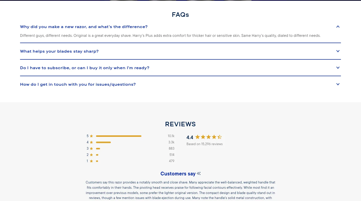 harrys.com FAQ section