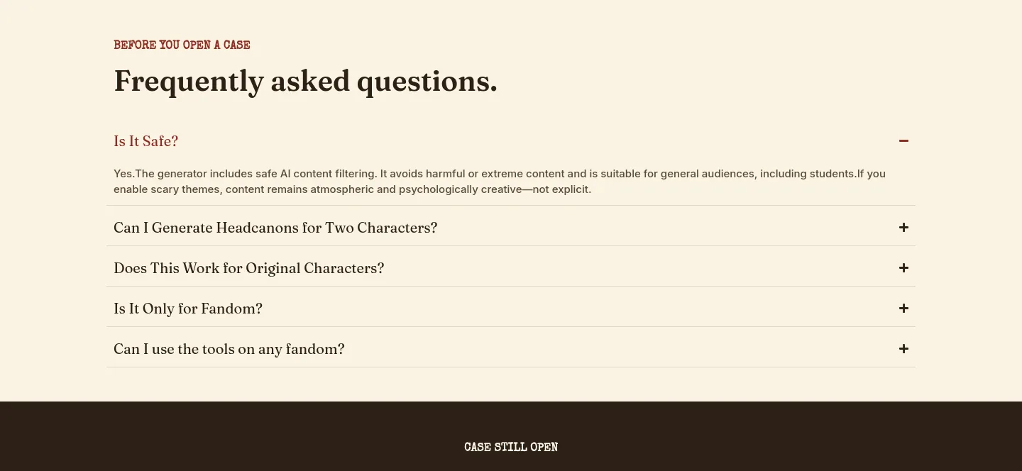 headcanonlab.xyz — a real FAQ section