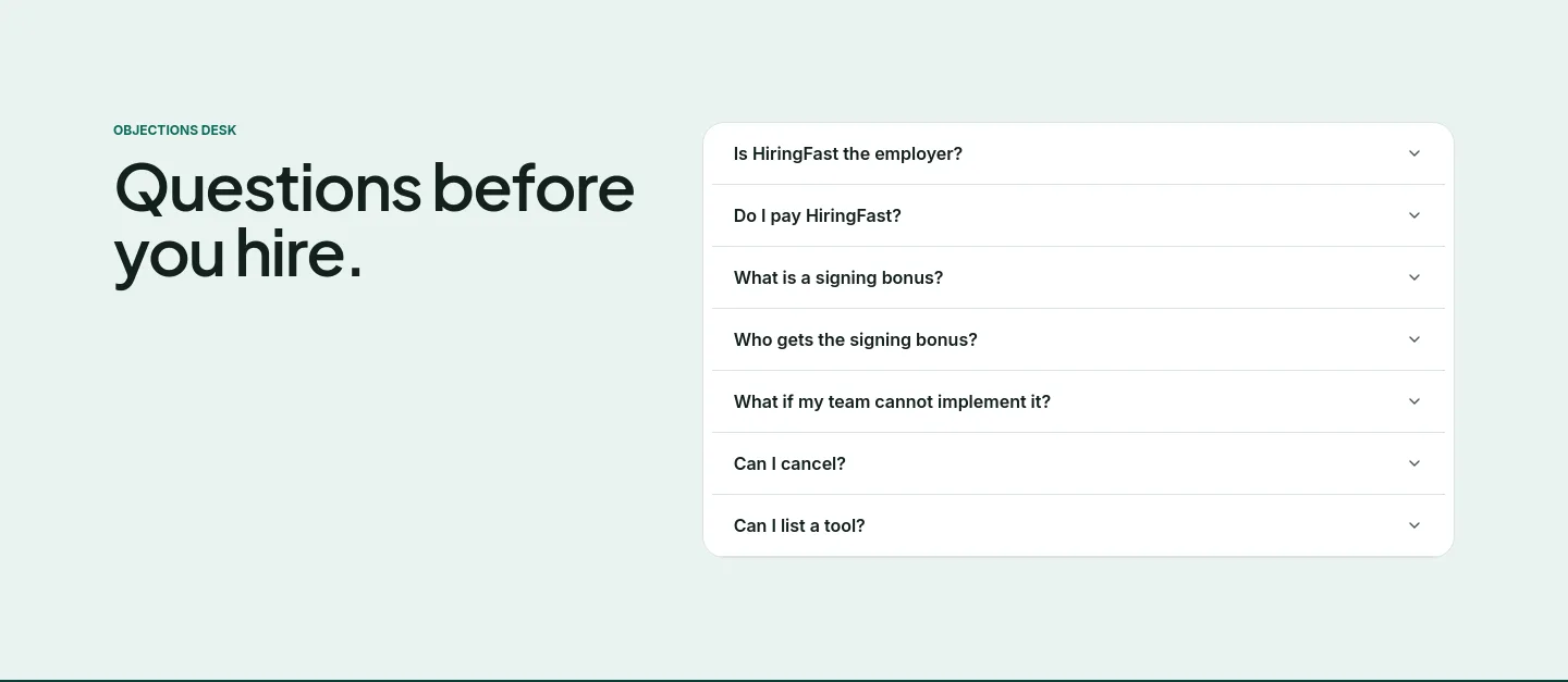 hiringfa.st — a real FAQ section