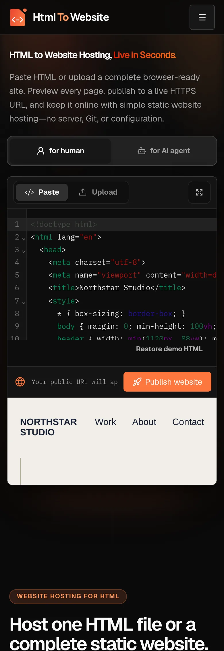 htmltowebsite.com — a measured funnel