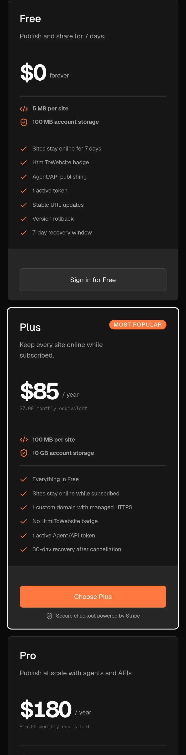 htmltowebsite.com — a real Pricing section
