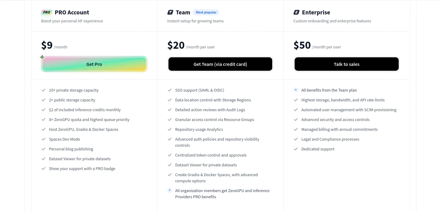 huggingface.co Pricing section