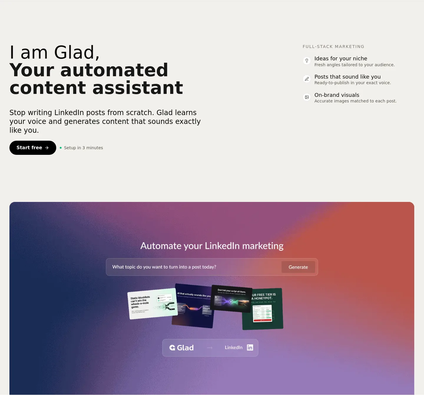 iamglad.ai — a real Hero section