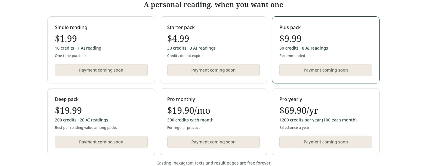 ichingonline.pro Pricing section