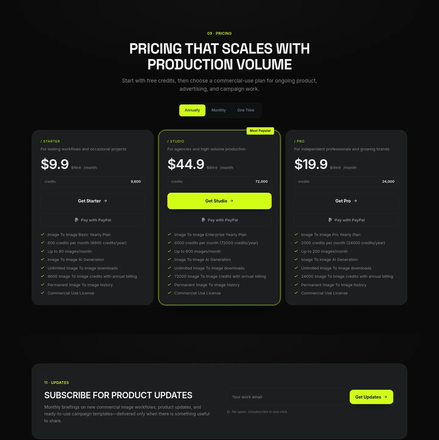 image2image.app Pricing section