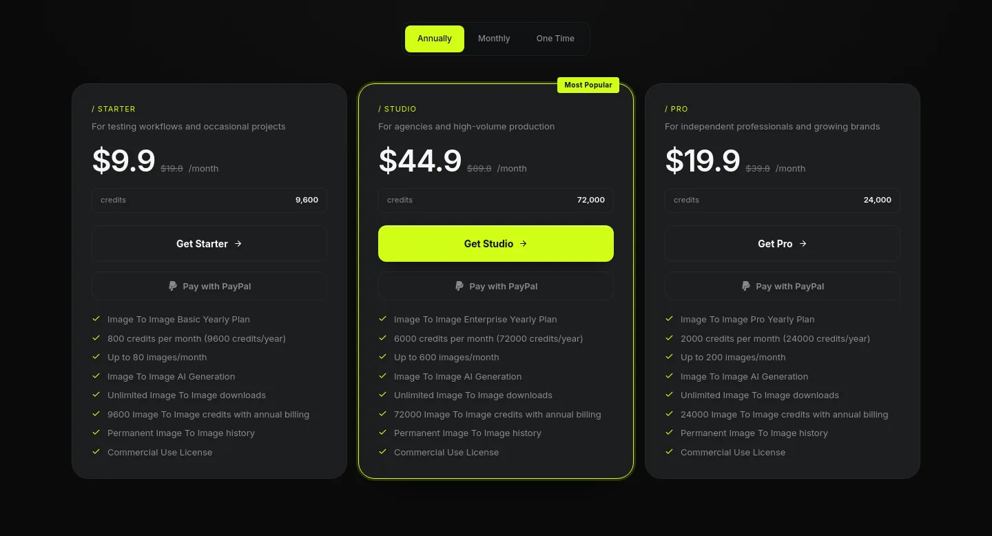 image2image.app Pricing section