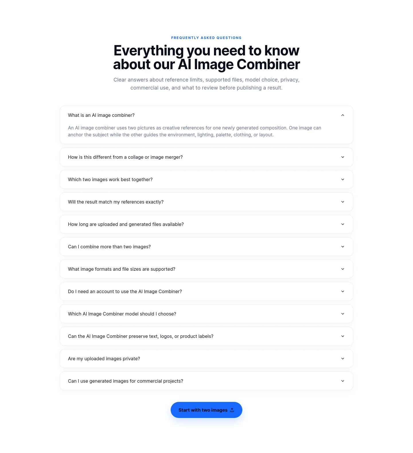 imagecombiner.app — a real FAQ section