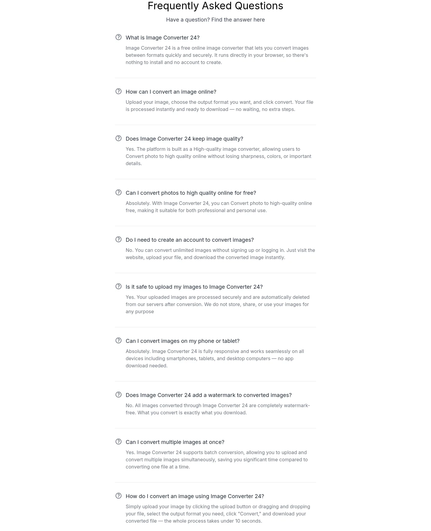 imageconverter24.com — a real FAQ section
