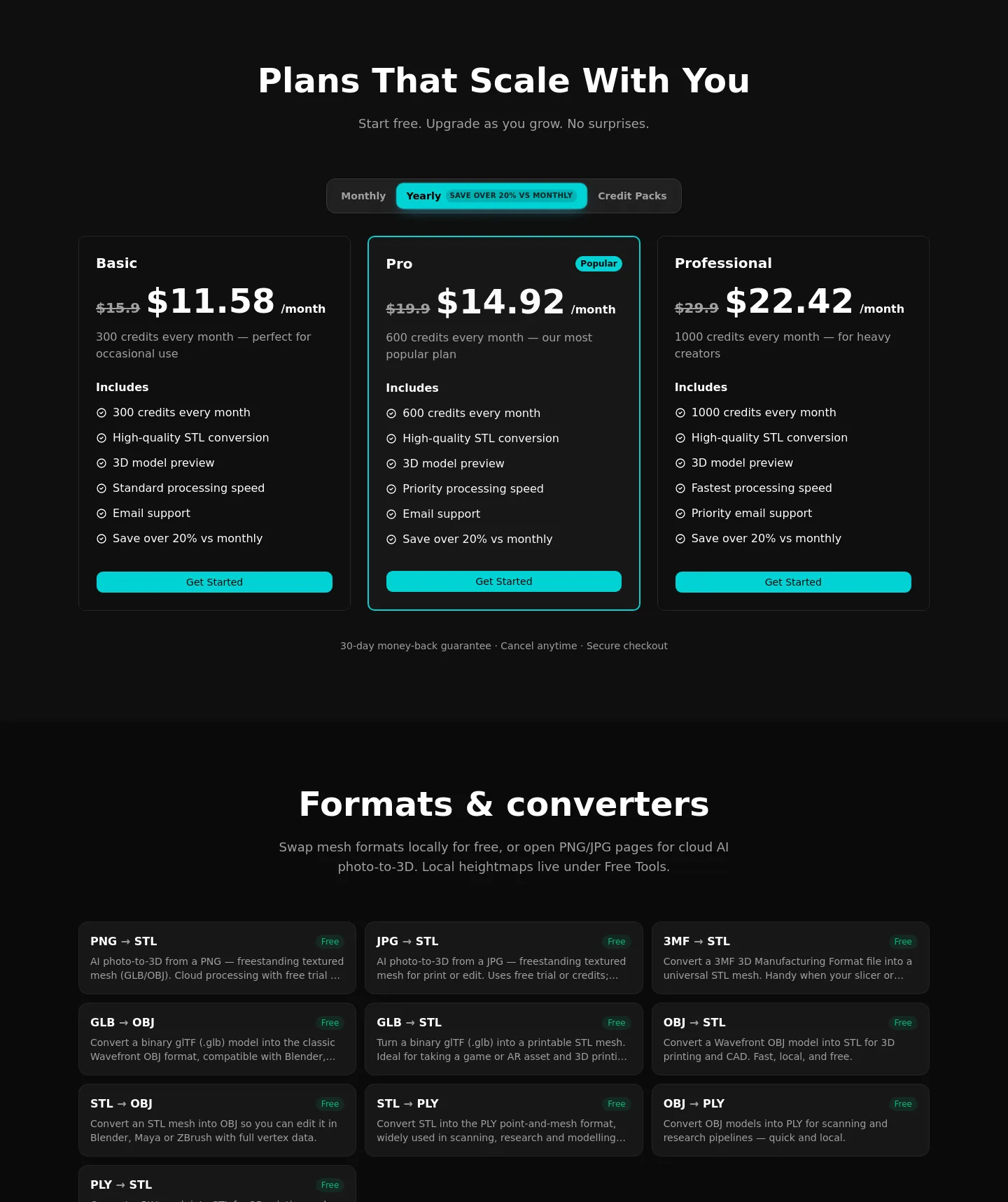 imagetostl.im Pricing section