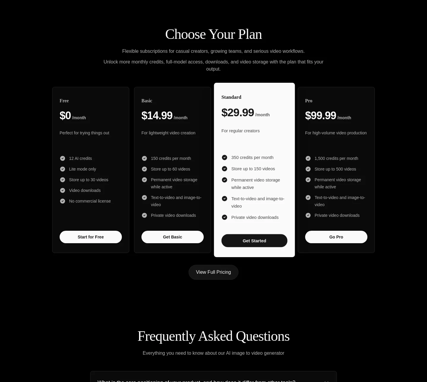 imagetovideogenerator.net Pricing section