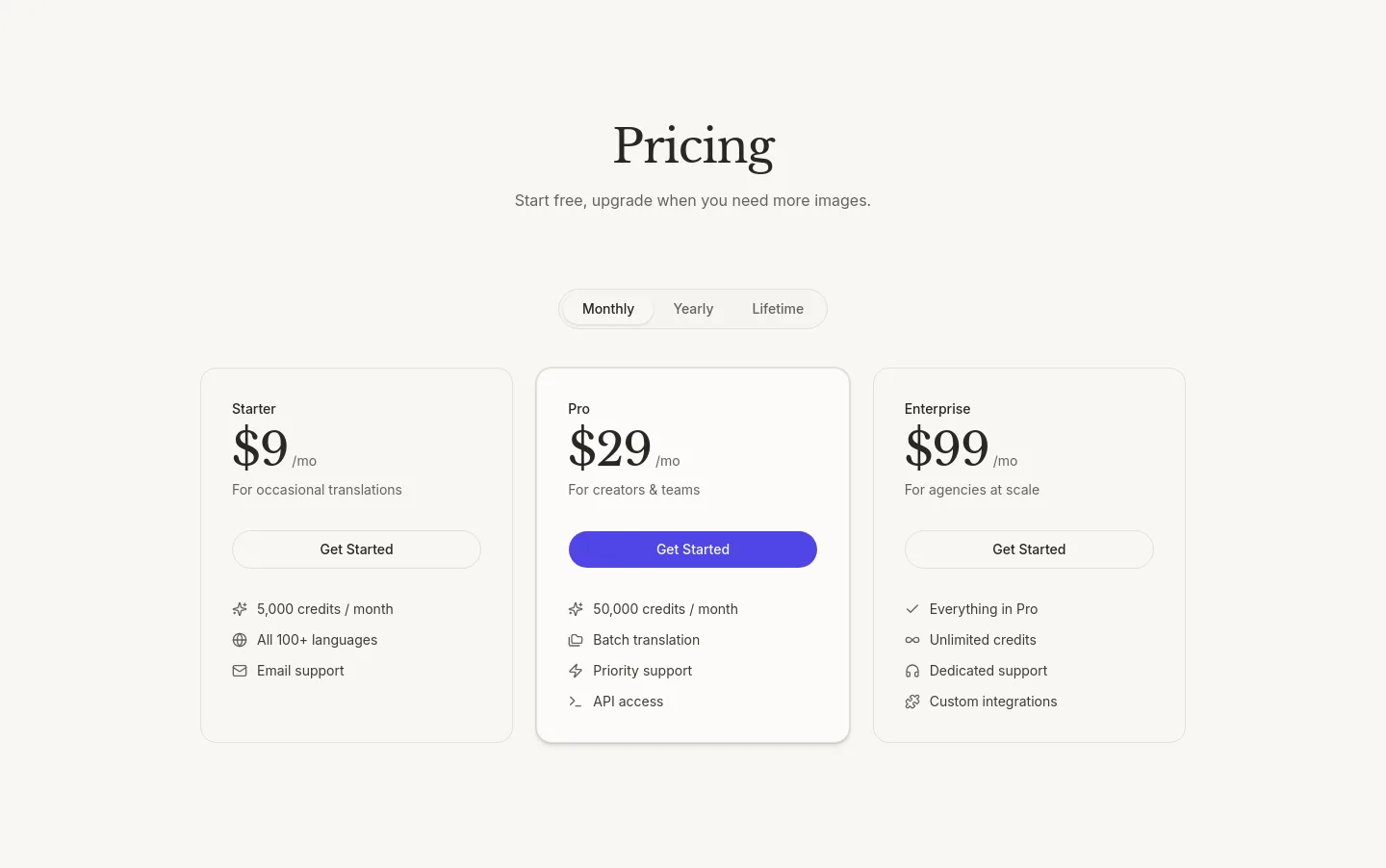 imagetranslator.xyz — a real Pricing section