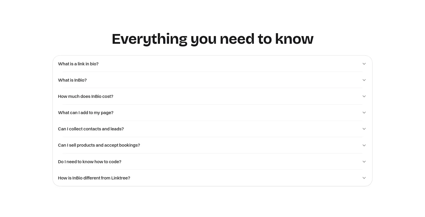 in.bio FAQ section