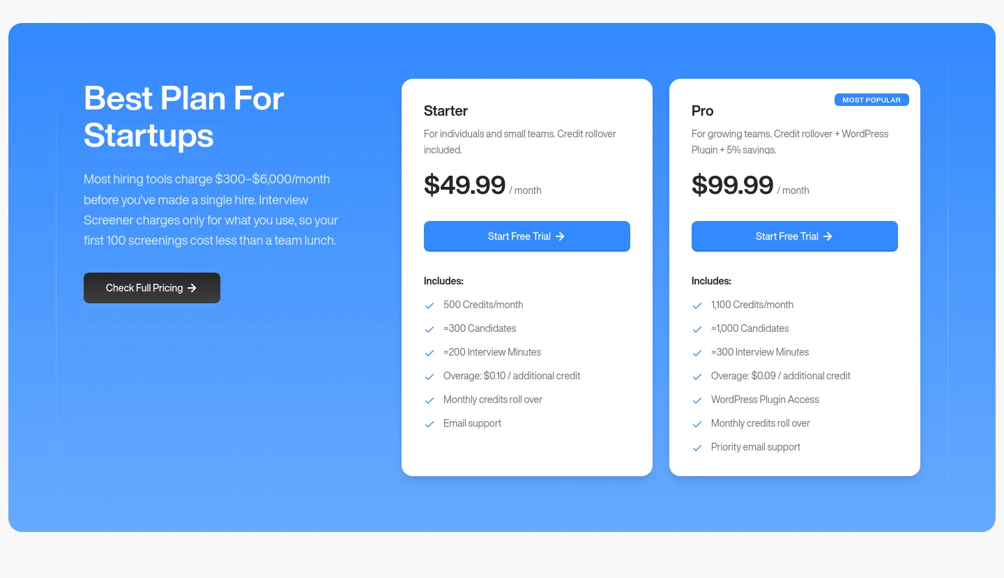 interviewscreener.com Pricing section