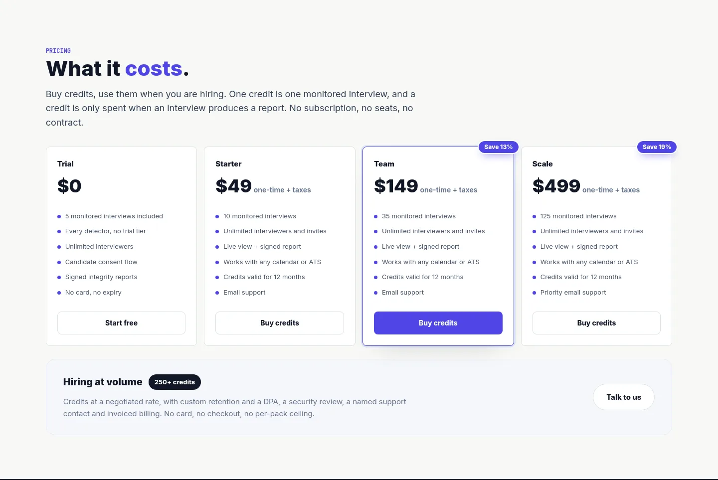 interviewwatch.com Pricing section