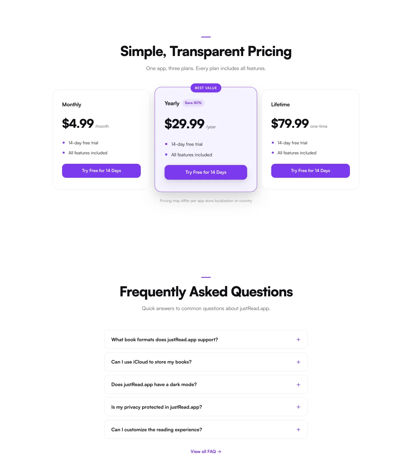 justread.app Pricing section