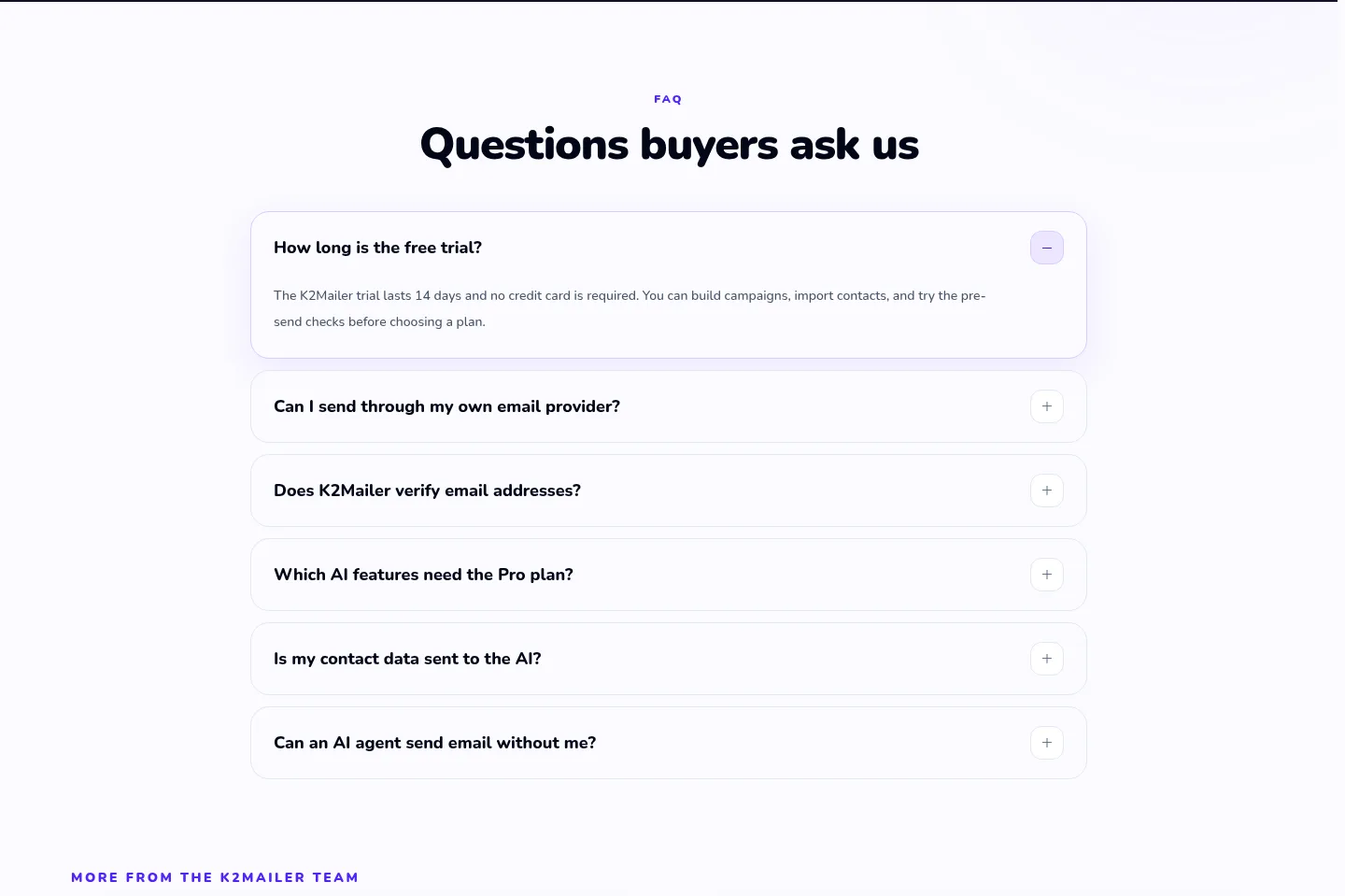 k2mailer.com — a real FAQ section