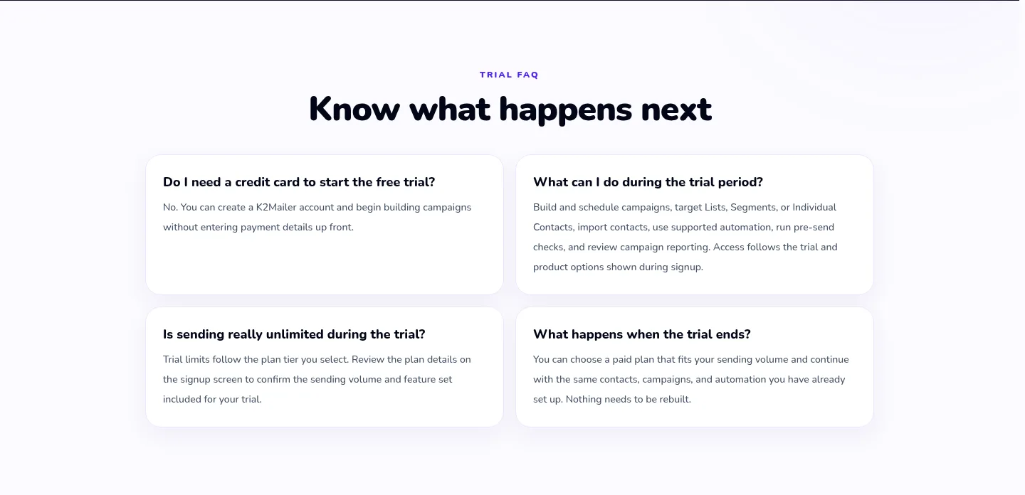 k2mailer.com — a real FAQ section