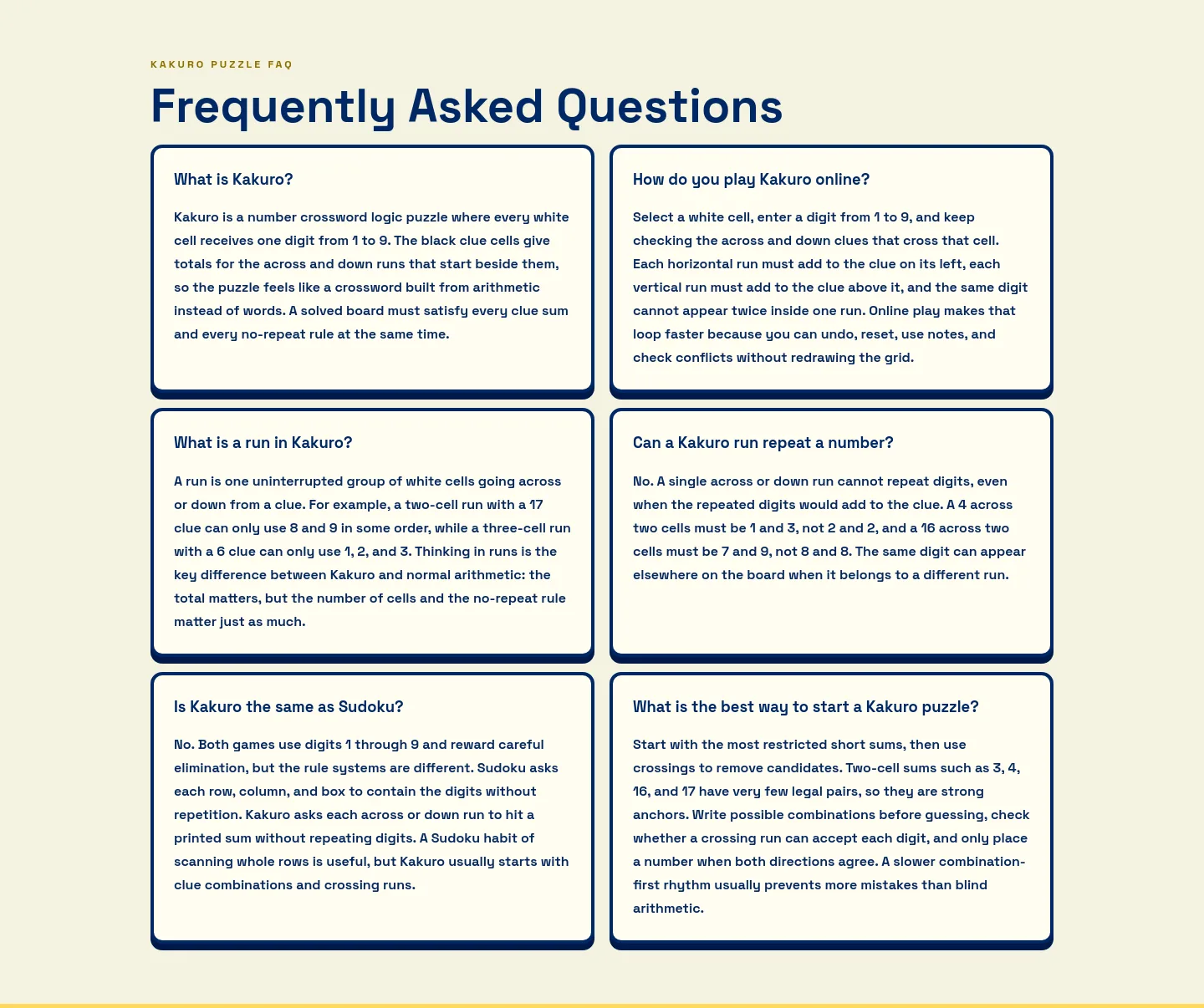 kakuro-puzzle.online — a real FAQ section