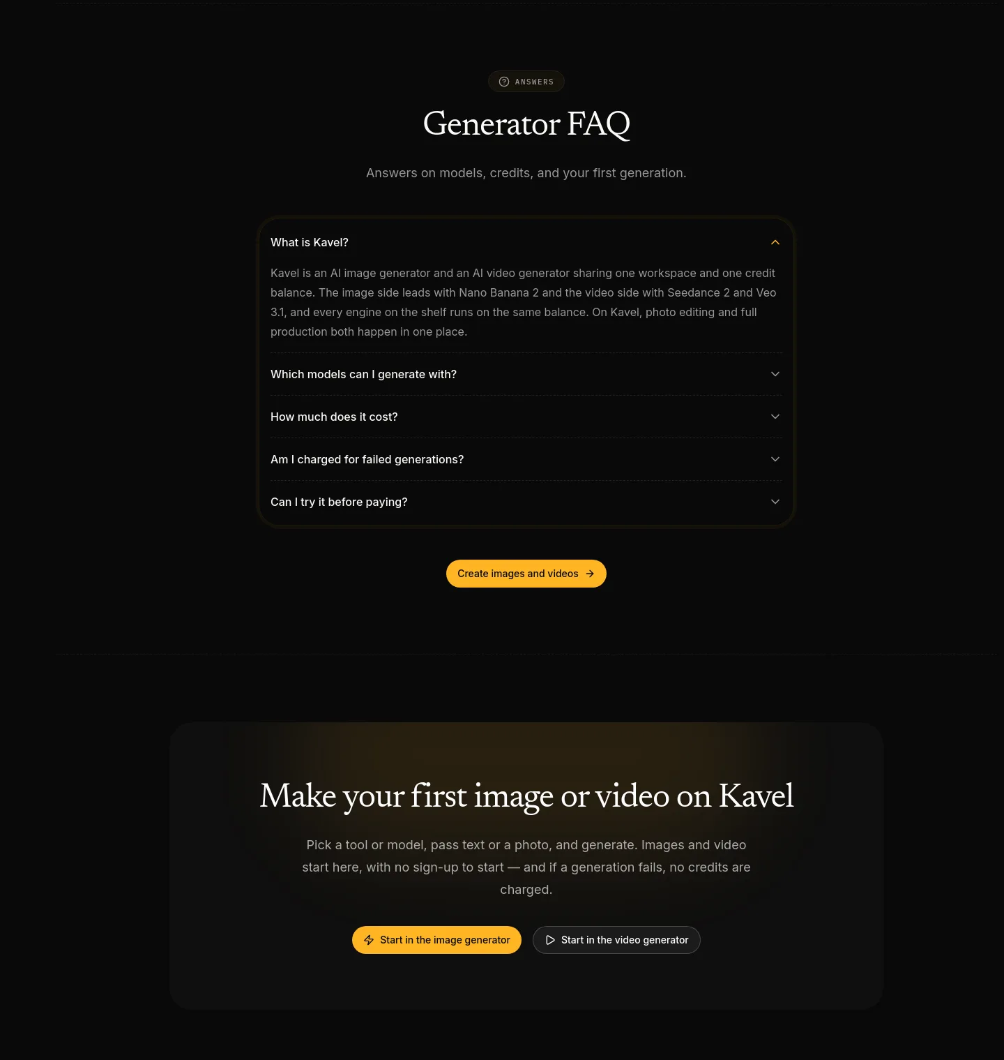 kavel.ai — a real FAQ section