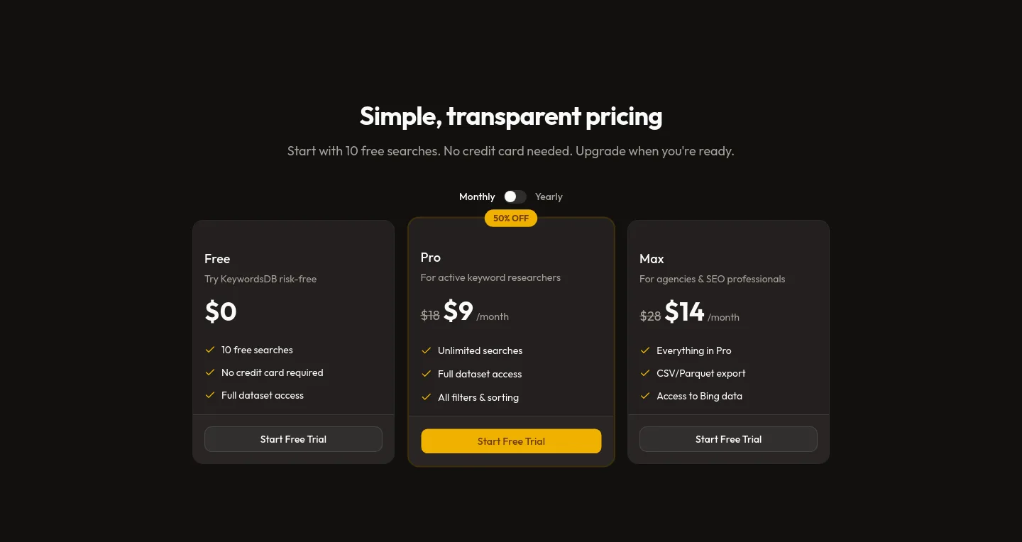 keywordsdb.com Pricing section
