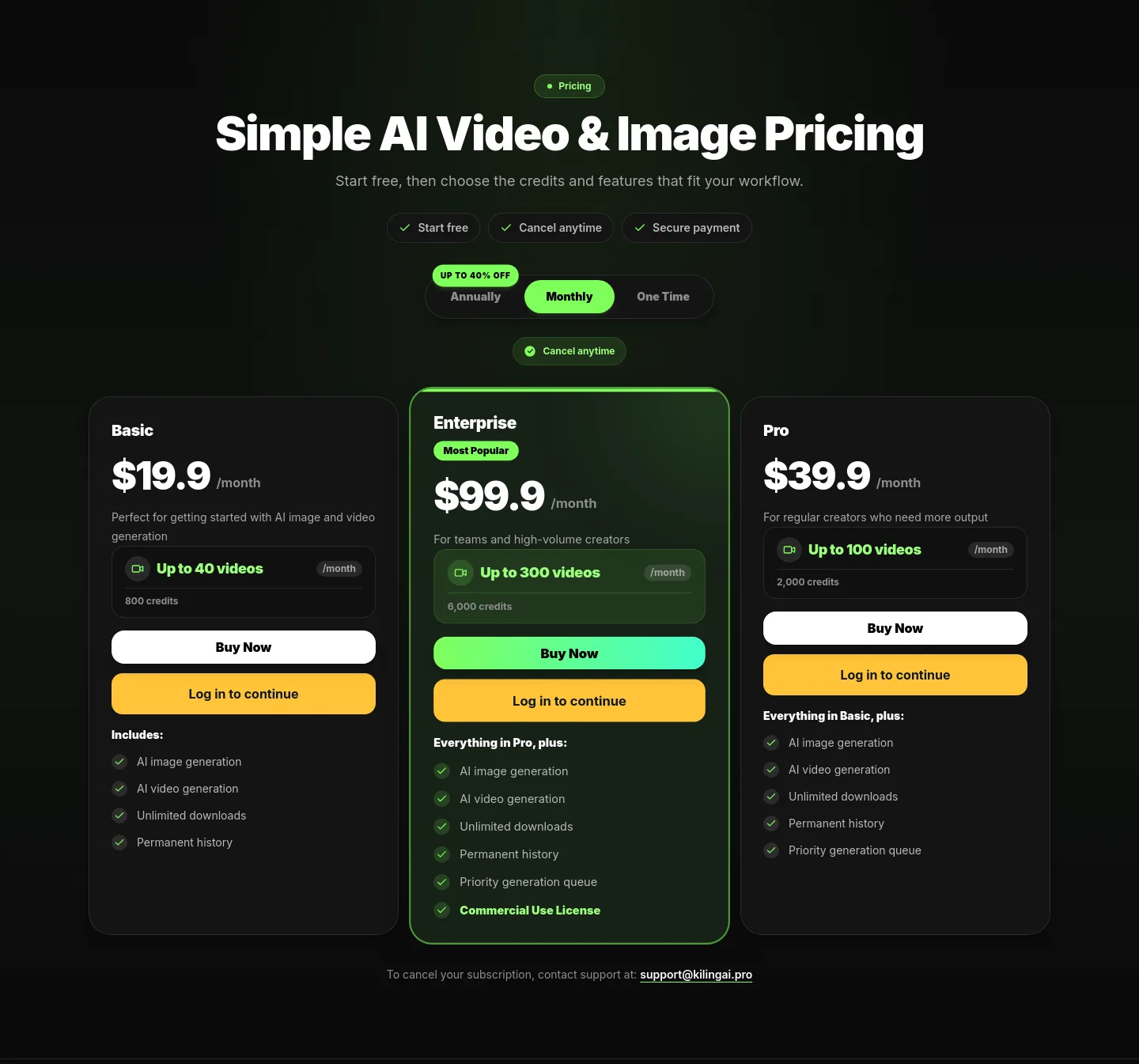 kilingai.pro — a real Pricing section