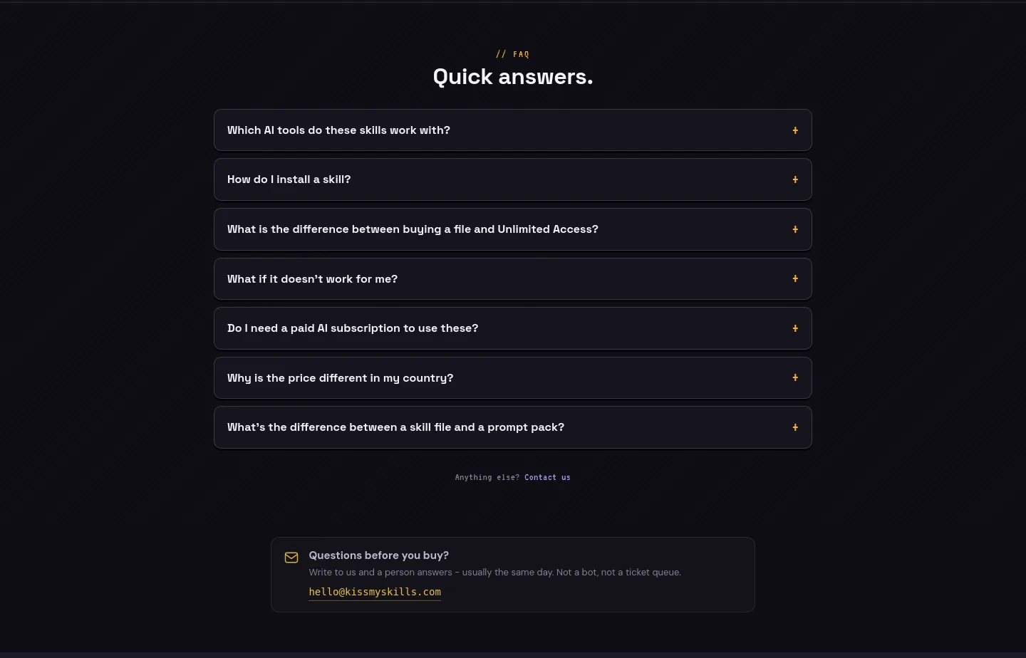 kissmyskills.com FAQ section