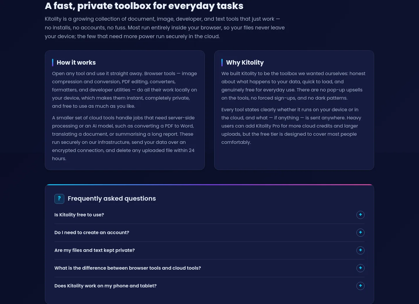 kitolity.com — a real FAQ section