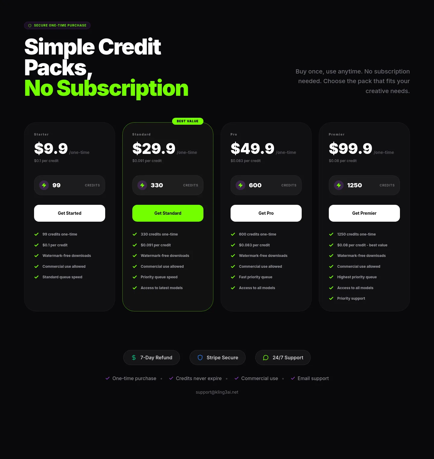 kling3ai.net — a real Pricing section