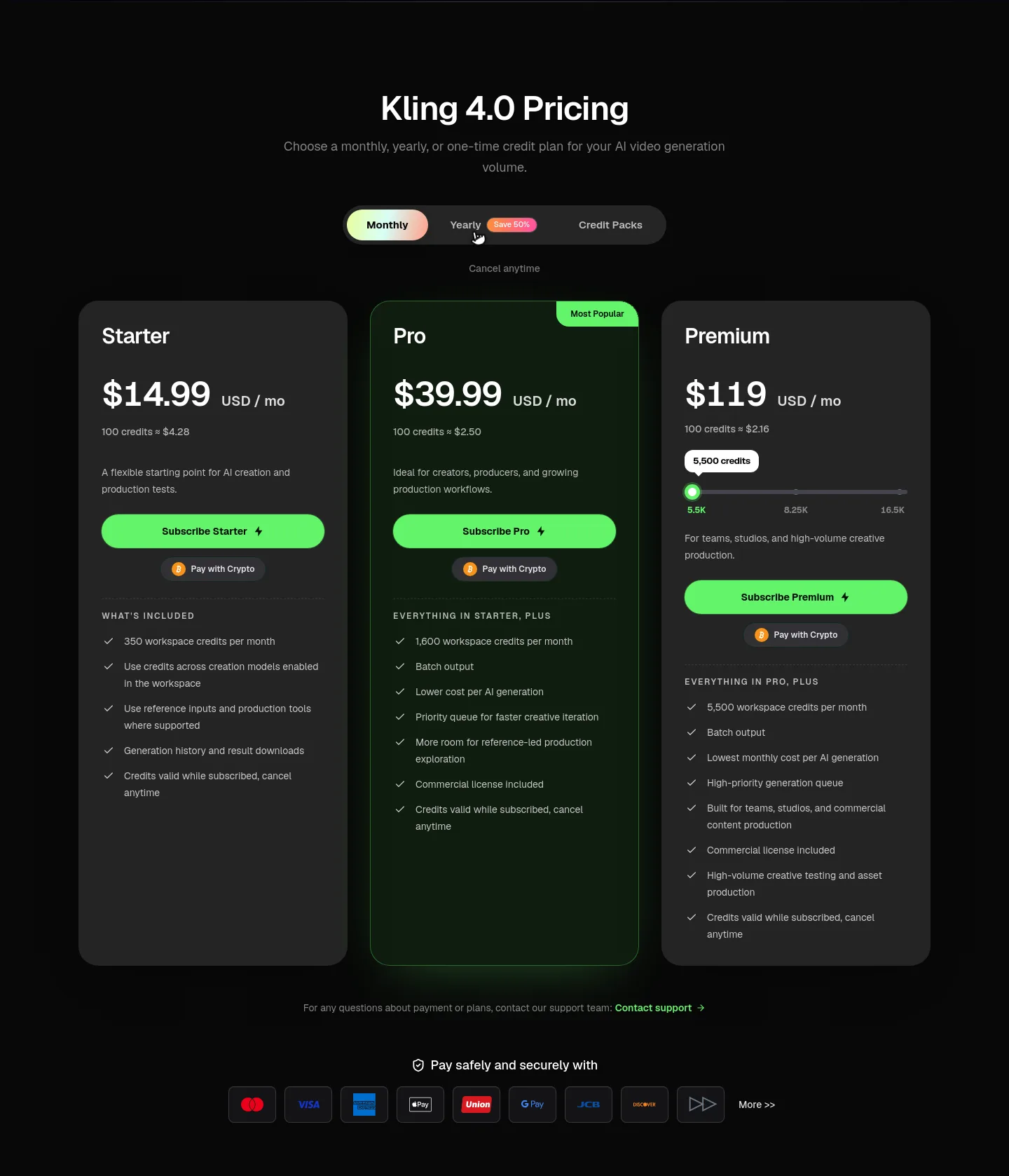 kling4ai.art — a real Pricing section