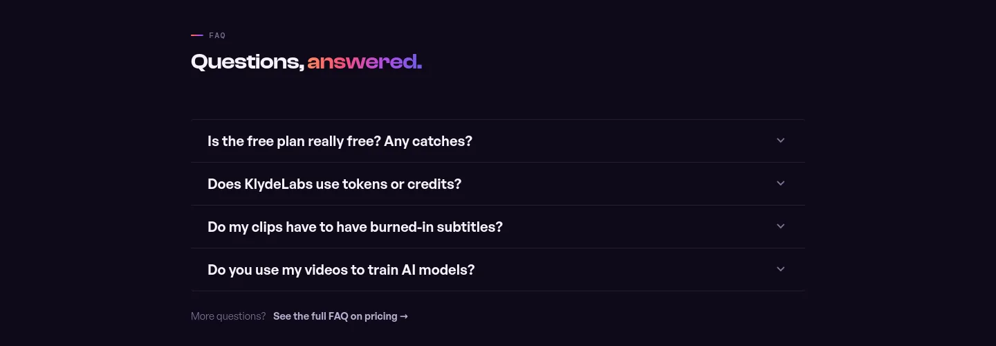 klydelabs.app — a real FAQ section