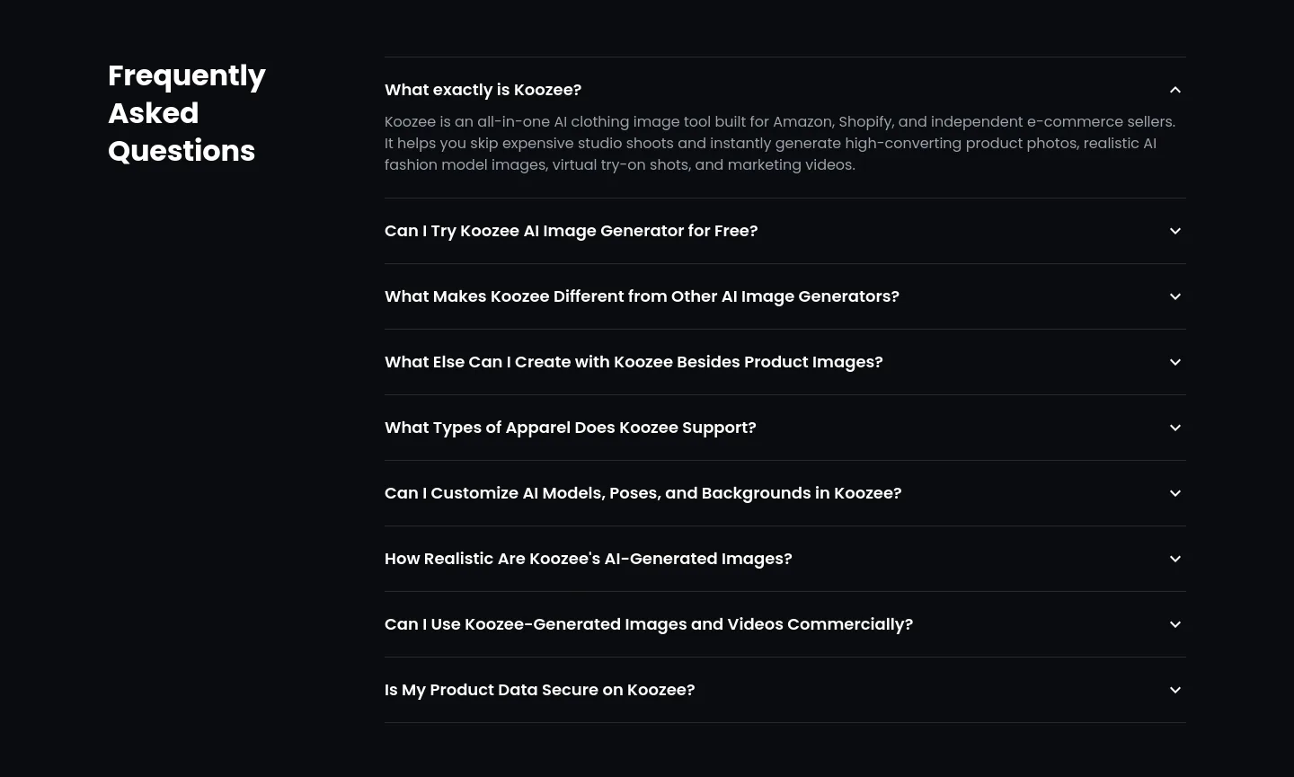 koozee.ai — a real FAQ section
