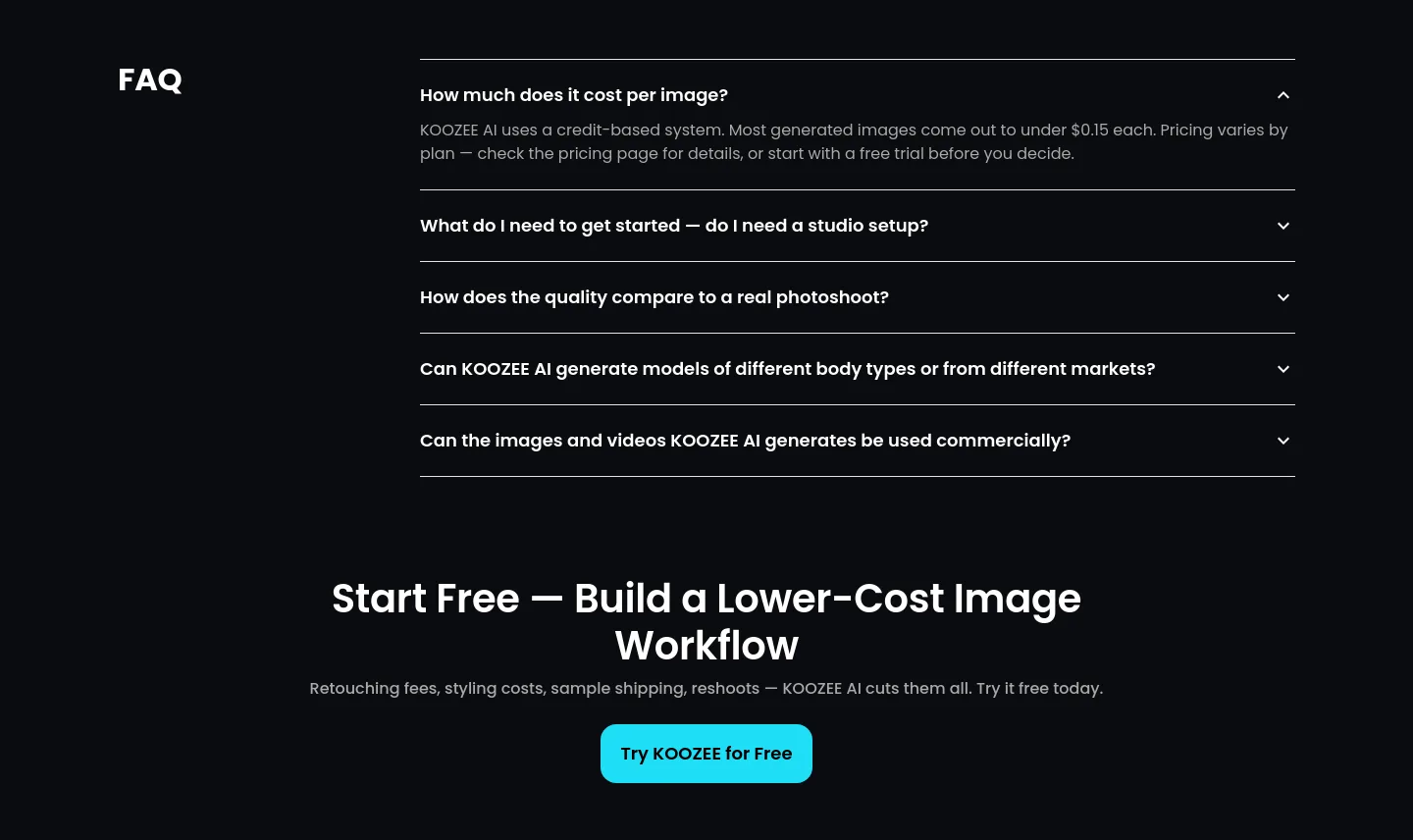 koozee.ai — a real FAQ section
