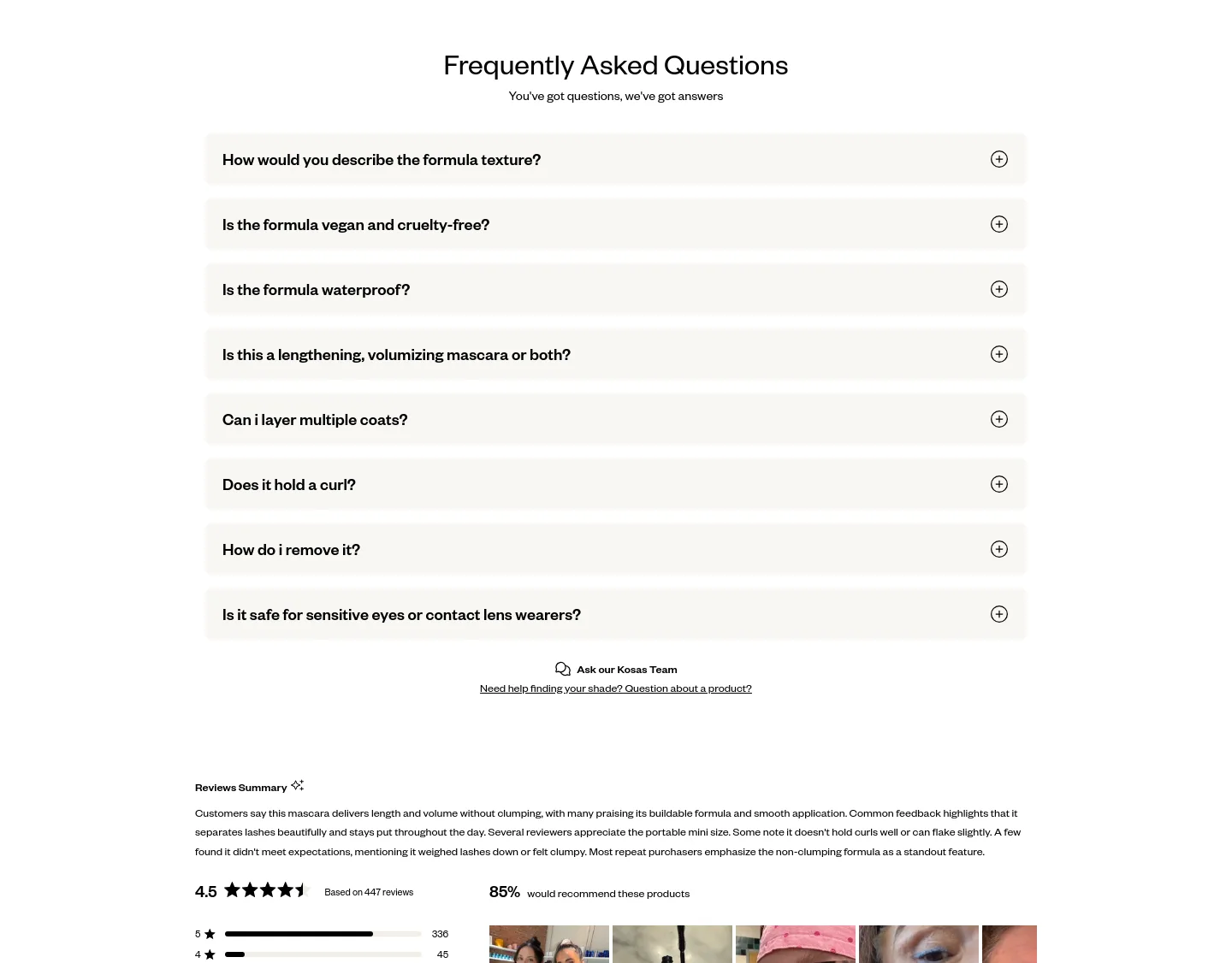 kosas.com FAQ section