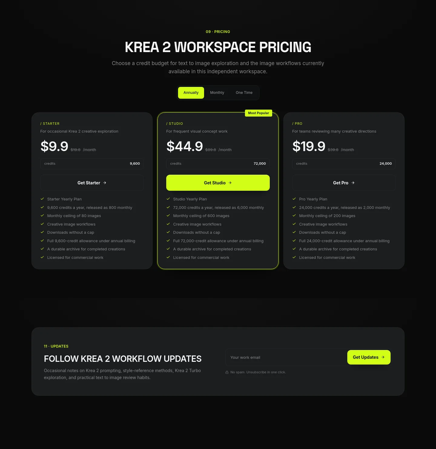 krea-2.pro Pricing section