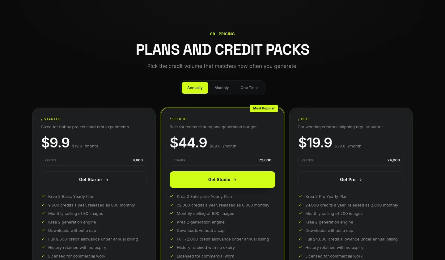 krea-2.pro Pricing section